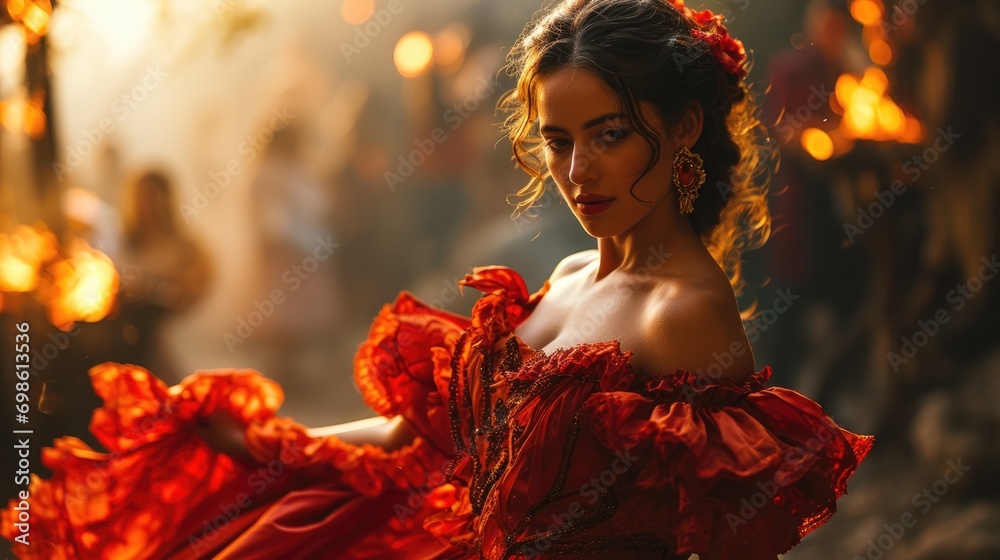 Naklejka premium Flamenco Dance Fiery Passion. A stunning Spanish woman gracefully dances flamenco, with burning flames in the background. Expression of passion and artistry concept 