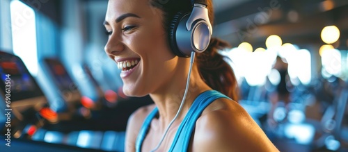 Woman wearing headphones and mp3 player armband happily exercising in the gym.