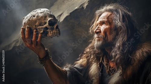 Primal Discovery: Neanderthal Caveman Observes Intently a Skull in His Hand - A Fascinating Scene of Ancient Curiosity and Contemplation in Primitive Times.

