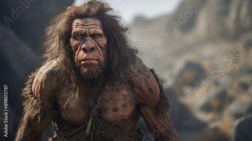 Ancient Explorer: Australopithecus Explores Its Primordial Habitat - A Glimpse into the Curiosity and Adaptation of Early Human Ancestors in Prehistoric Times.