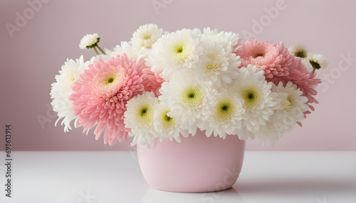 Beautiful white and pink chrysanthemums in white vase on pink background. © Iqra