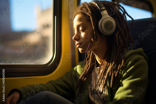 A girl with dreadlocks and headphones rides on a bus © Tetiana Kasatkina