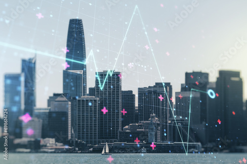 Abstract virtual heart pulse hologram on San Francisco cityscape background, online medical consulting concept. Multiexposure