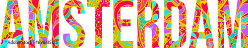Amsterdam creative city name design, multicolor floral doodle pattern texture.
