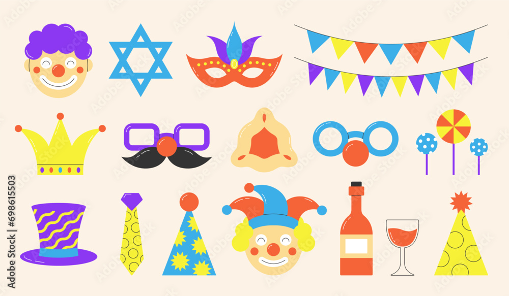 Collection of festive Purim carnival elements. Cute and funny holiday cartoon accessories in flat style. Vector illustration