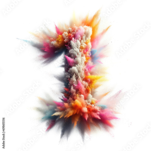 Number 1 - Colored powder explosion isolated on white background - ONE - Vibrant colors contrasting with a white background - Colorful dust burst 