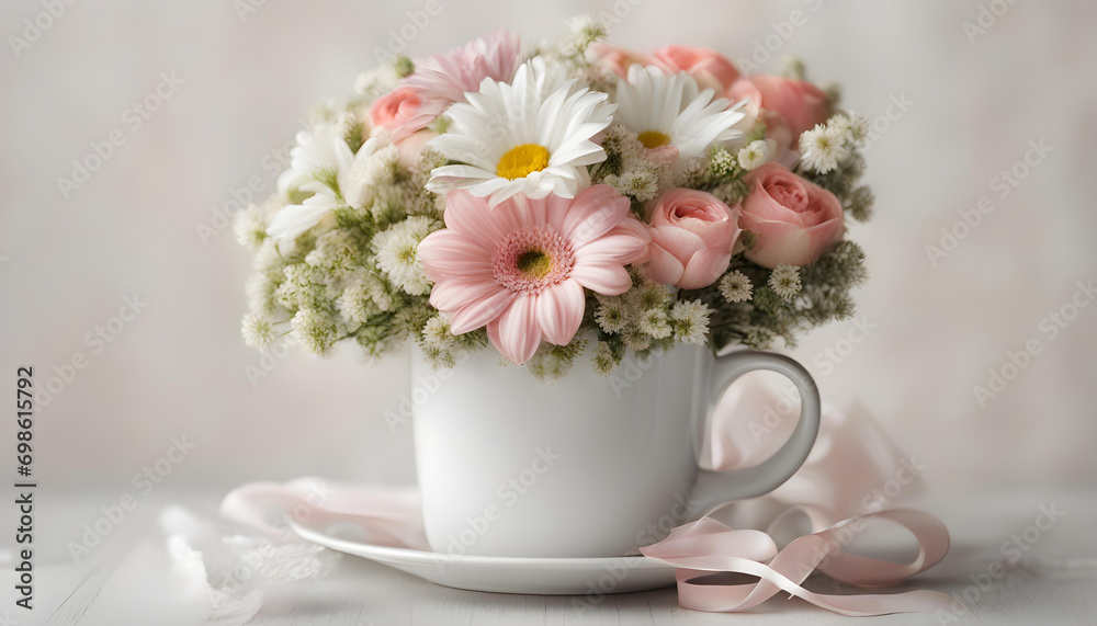 cute bouquet of flowers in a white mug with a white ribbon
