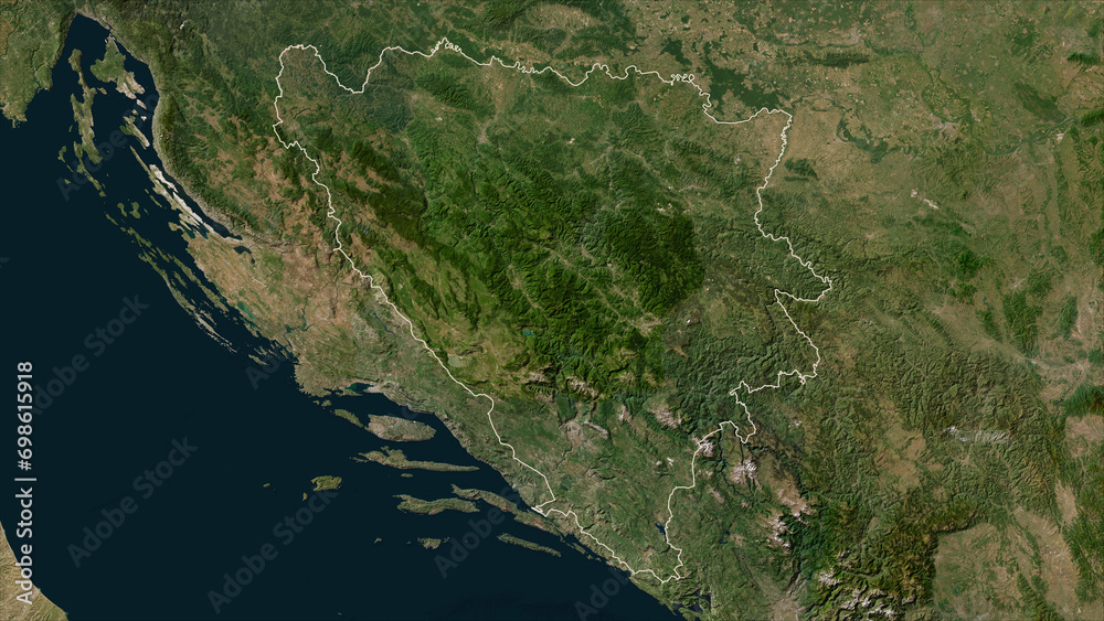 Bosnia and Herzegovina outlined. Low-res satellite map