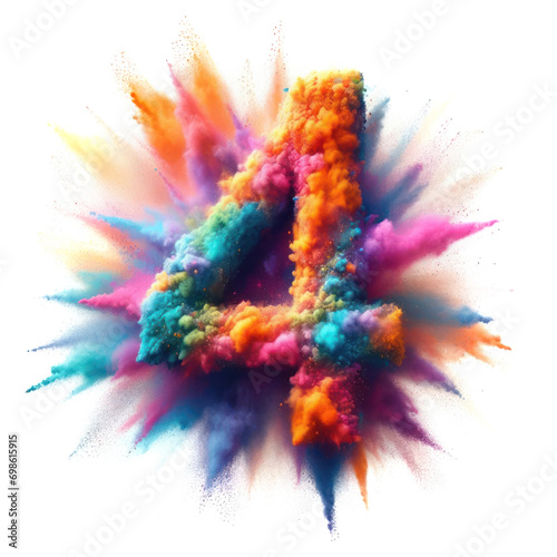 Number 4 - Colored powder explosion isolated on white background - FOUR - Vibrant colors contrasting with a white background - Colorful dust burst	 photo