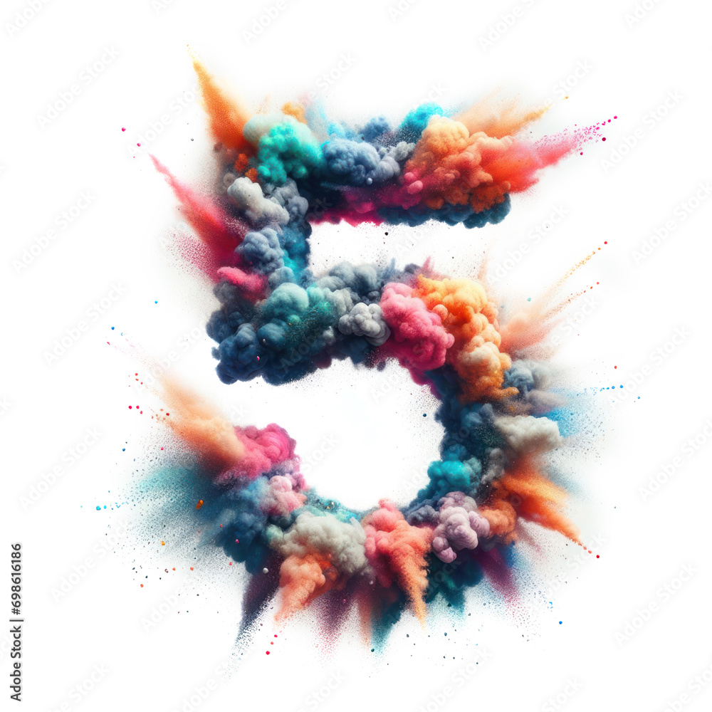 Number 5 - Colored powder explosion isolated on white background - FIVE - Vibrant colors contrasting with a white background - Colorful dust burst	