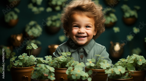 cheerful boy in a green outfit with shamrocks on a colored background, st. patrick's day