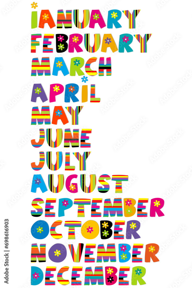 The months of the year written with colored letters The months of the year written with colored letters