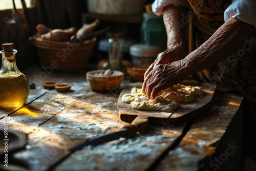 Cooking with Love and Experience: An Elderly Chef with Wrinkled Hands Prepares Dough for a Gourmet Delight, Infusing the Kitchen with Tradition and Culinary Expertise.