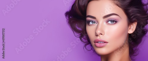 Portrait of a beautiful, elegant, sexy Caucasian woman with perfect skin, on a purple background, banner.