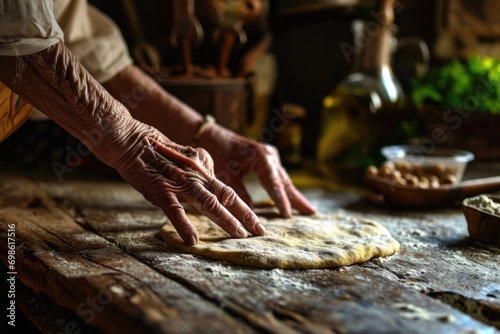 Cooking with Love and Experience: An Elderly Chef with Wrinkled Hands Prepares Dough for a Gourmet Delight, Infusing the Kitchen with Tradition and Culinary Expertise.