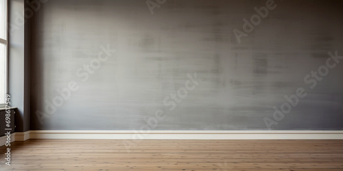 Minimal abstract background for product presentation. Grey wall, wooden floor and large window