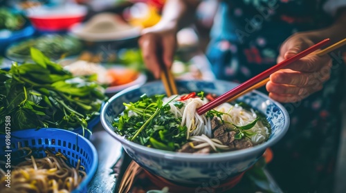 Vietnam's Flavorful Streets: Traditional Street Food, A Close-up Culinary Adventure, from the Fragrant Bowls of Phos, in Bustling Markets photo