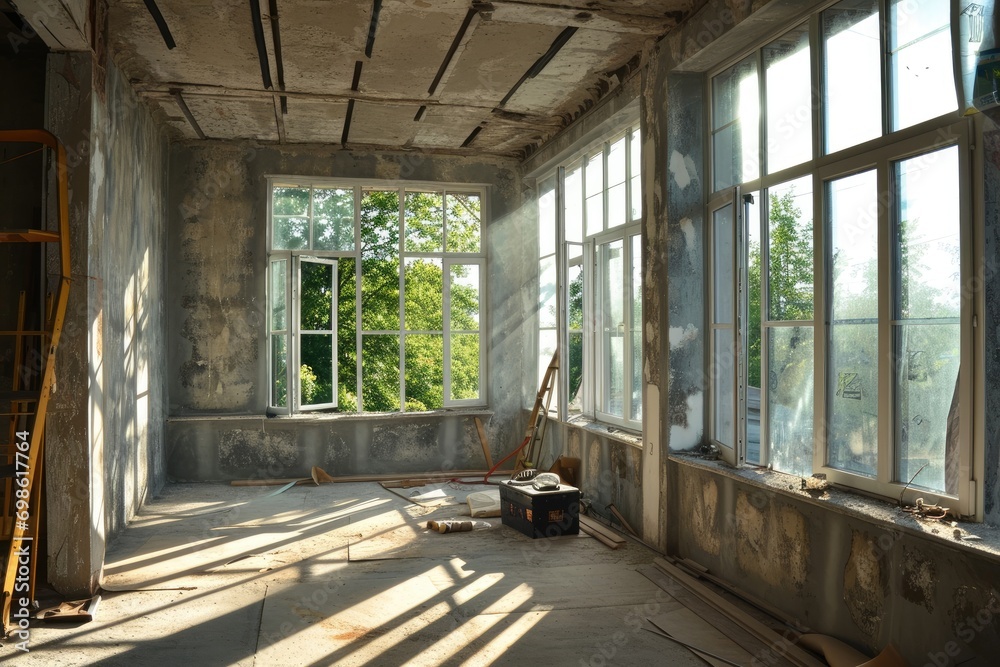 House Renovation Evolution: Construction Site for Finishing the space with Big Windows, Capoto, and Drywall
