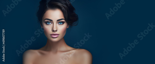 Portrait of a beautiful, elegant, sexy Caucasian woman with perfect skin, on a dark blue background, banner. © ALA