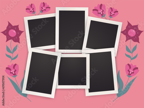 Floral photo frame mockups set. Valentines Day Photography album template. Spring empty image for memory. Blank realistic postcard for Woman and Mother. Vector scrapbook with flowers in flat style.