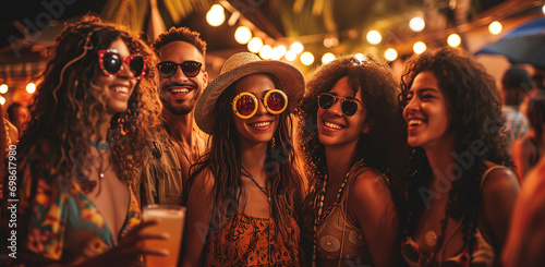 Carnival and group of fashionable people. Friends enjoying a party at sunset, with vibrant fashion and drinks.