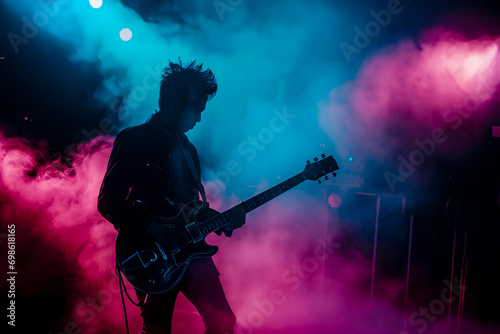Korean K-pop band guitar player silhouette performing music on live stage in retro pink and blue light with copy space