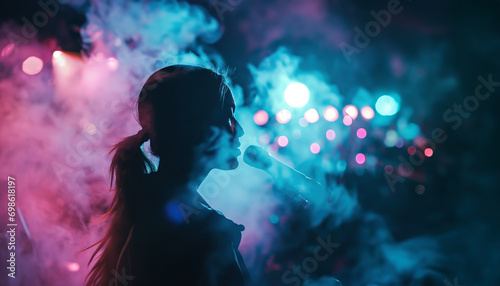 Korean K-pop band female singer silhouette performing music on live stage in retro pink and blue light with copy space