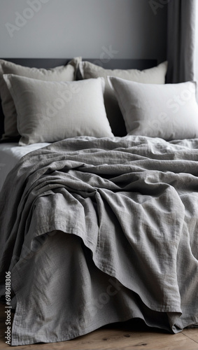 Gray pillowcases and blanket on bed. Dark gray bedroom