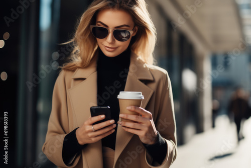 Fashionable woman using phone with coffee. Concept of modern urban lifestyle.