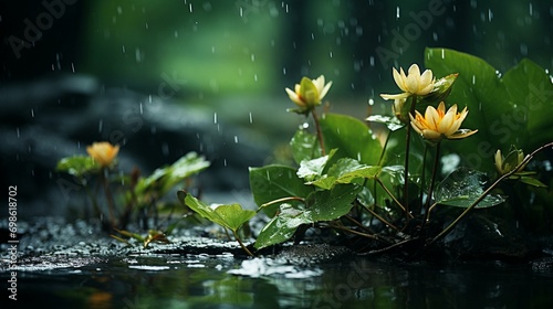 Images of raindrops on a tranquil pond  creating gentle ripples and enhancing the peaceful ambiance of a storm.  rainstorm relaxation 