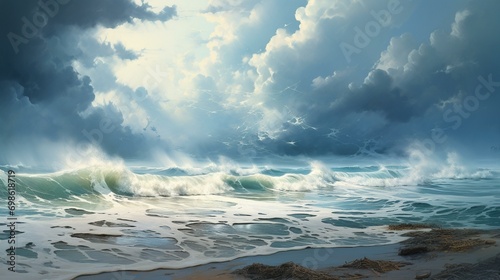 A tranquil beach scene with waves crashing and rain falling, offering a unique perspective on seaside relaxation during a storm. [rainstorm relaxation]