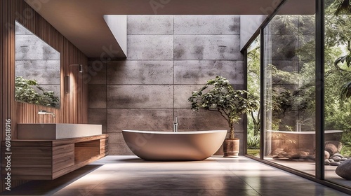 Interior of modern bathroom with wooden and concrete walls, concrete floor, comfortable bathtub standing near the window and green plants.