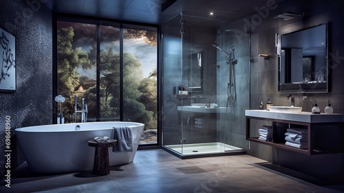 Modern interior design of a bathroom with a glass shower cabin in a luxury house © Oleh