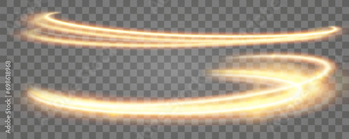 Light gold effect of shiny lines.Gold color glowing design element.Wavy bright stripes.
