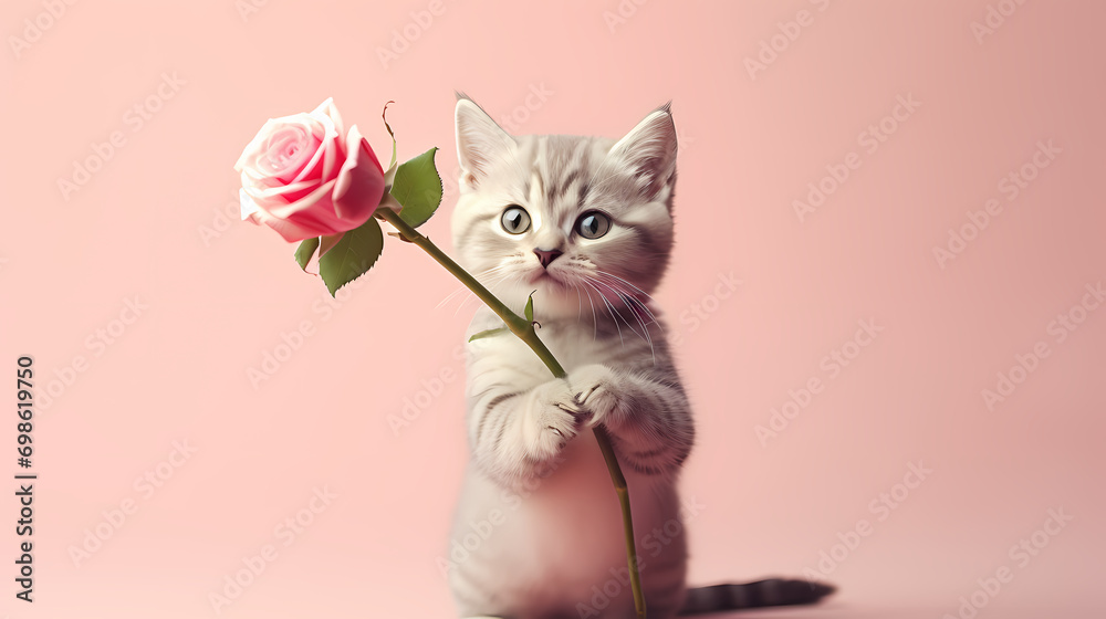 Cute cat holding roses on valentine's day, valentine's day background - obrazy, fototapety, plakaty 