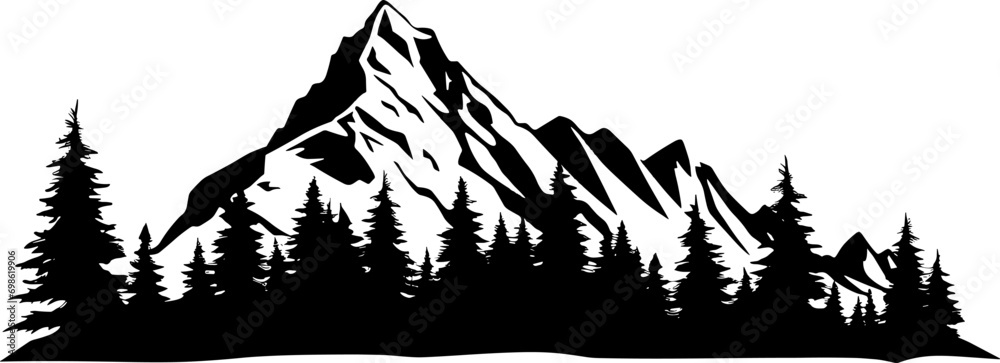 Simple hand-drawn vector drawing in black outline. Nature, panoramic ...