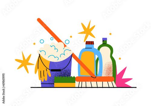 Cartoon house cleaning, cleanliness concept abstract shapes. Sponge, brush, spray, rag, washing machine. Vector retro illustration of disinfection