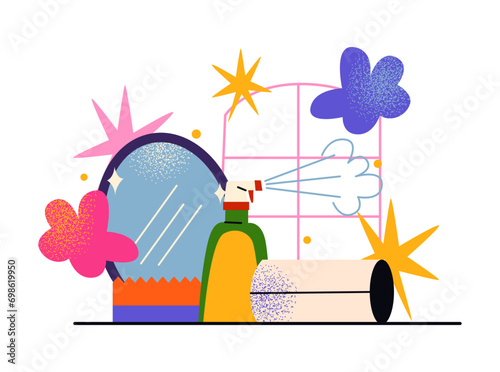 Cartoon house cleaning, cleanliness concept abstract shapes. Sponge, brush, spray, rag, washing machine. Vector retro illustration of disinfection