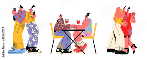 Cartoon characters date. Love romantic relationship, loving couples. Valentine's day, love, support. Vector illustrations of men and women