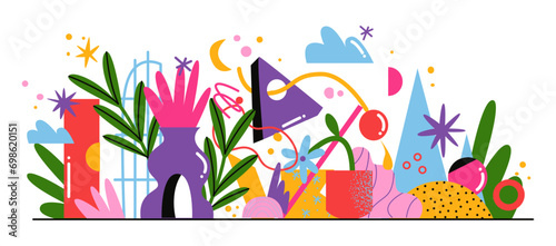 Cartoon organic abstract shapes poster. Hand drawn geometric shapes and textures. bright groovy hippie poster. Vector banner	