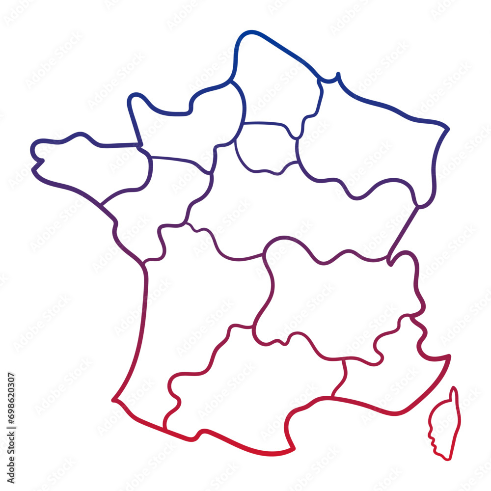 Blue and red gradient map of France with regions. Isolated vector on white background Blue and red gradient map of France with regions. Isolated vector on white background