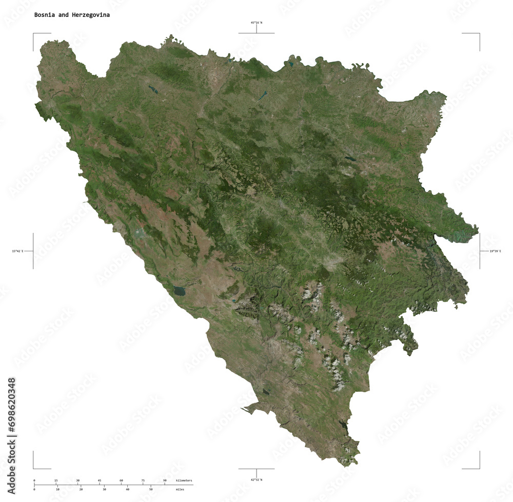 Bosnia and Herzegovina shape isolated on white. High-res satellite map