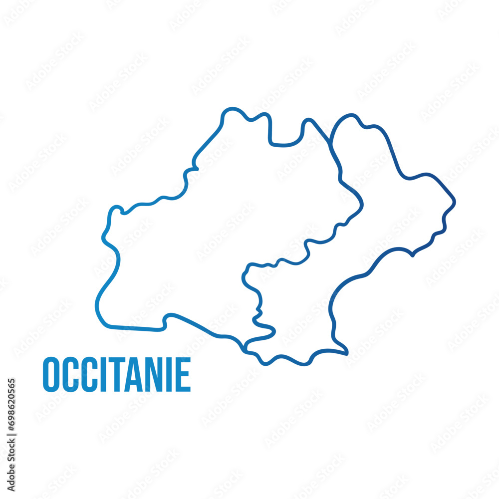 Languedoc-Roussillon and Midi-Pyrénées Occitania region. Smooth blue gradient outline map
