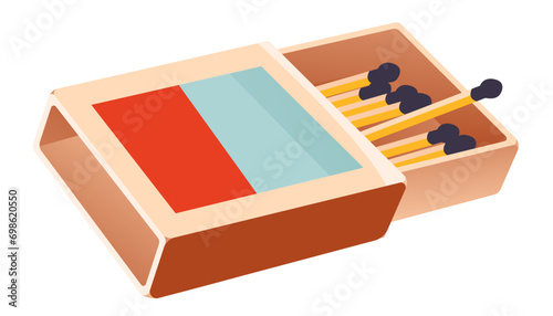Open box of matches isolated on white background. Cartoon vector illustration