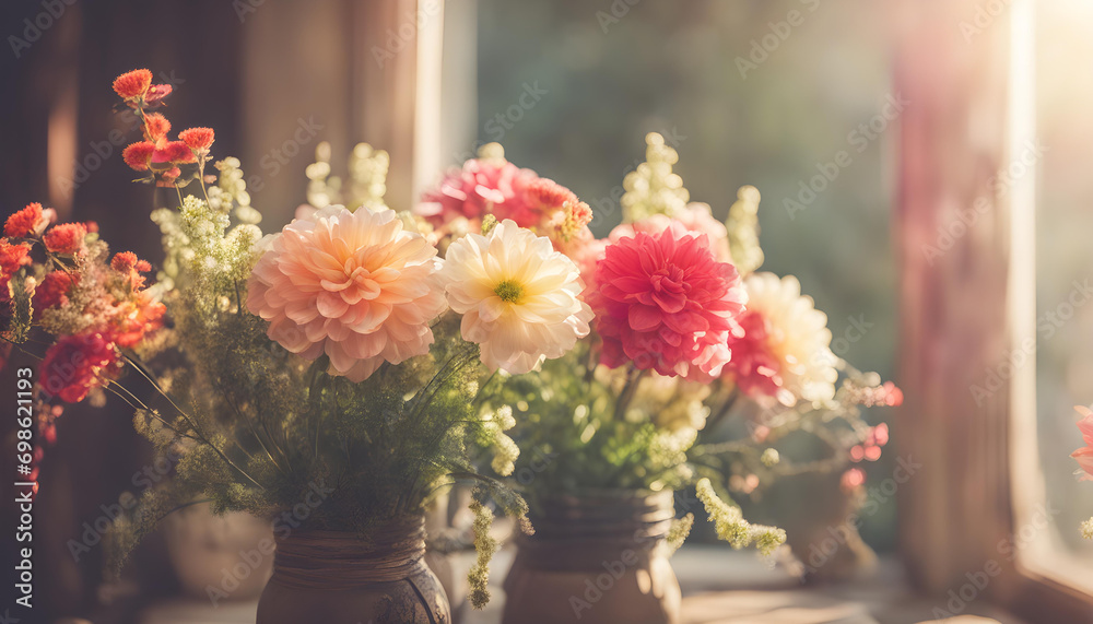 Colorful flower vase near sunlight in the wooden table