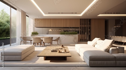 A Minimalist Interior Design in Residential Spaces, Achieving a Seamless Blend of Natural and Artificial Light for Clean Sophistication and Comfortable Elegance
