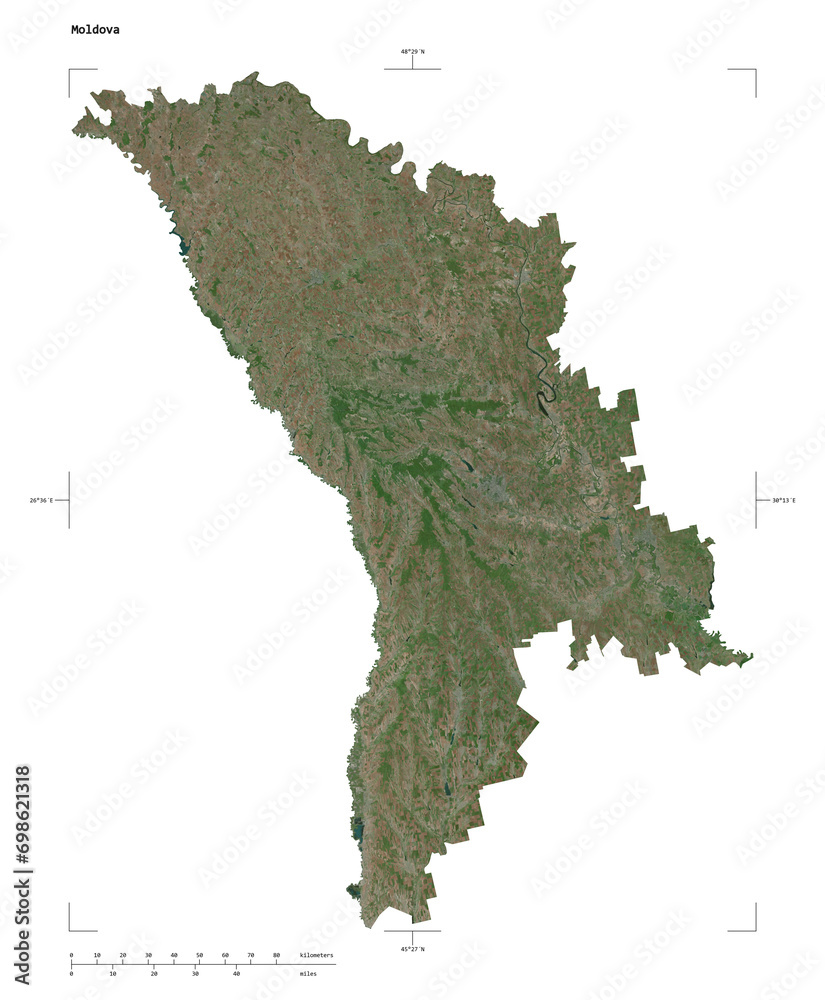 Moldova shape isolated on white. High-res satellite map