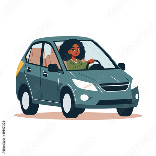 Black woman riding a car flat design vector illustration.