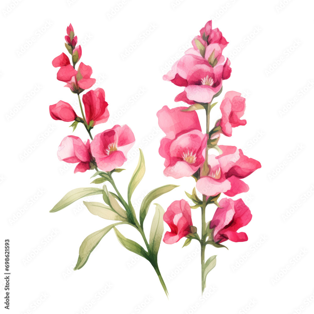 Elegant Blooming Pink Snapdragon Flower Botanical Watercolor Painting Illustration