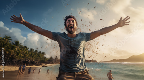 Man with arms outstretched in joy on a sunny beach with people in the background.
